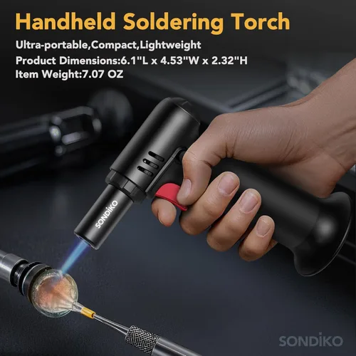 Miniatura 5 de Sondiko S907 Soplete de butano con indicador de combustible, encendedor recargable con llama ajustable para soldadura, arte de resina y uso Negro 2