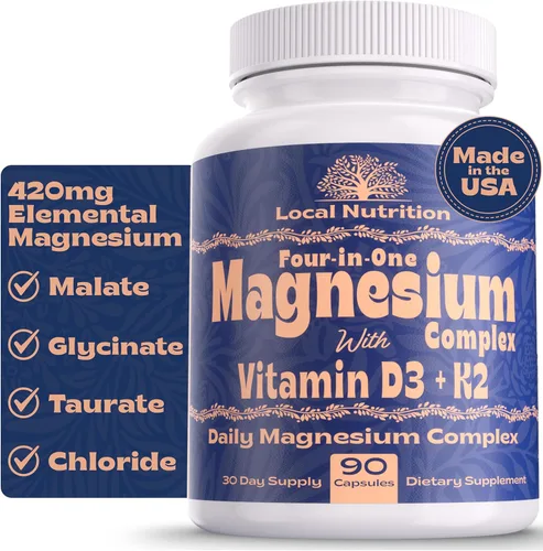 Complejo de magnesio de 420 mg con vitamina D3 K2 – Cuatro formas biodisponibles que incluyen bisglicinato (glicinato), malato, taurato y cloruro