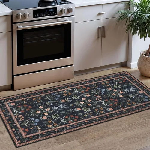 Miniatura 18 de Lansny Alfombra bohemia de 2 x 3 pulgadas, lavable, color negro, azul marino, floral, alfombra de cocina, alfombra de área pequeña de lana