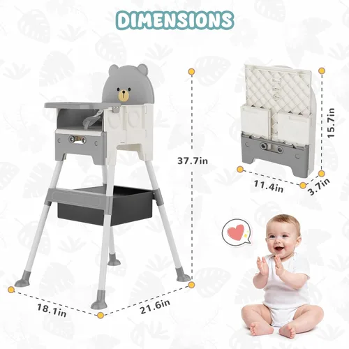 Miniatura 4 de Silla alta 3 en 1 para bebés y niños pequeños, silla de oso para niños pequeños, silla alta de altura ajustable con babero y bolsa de almacenamiento