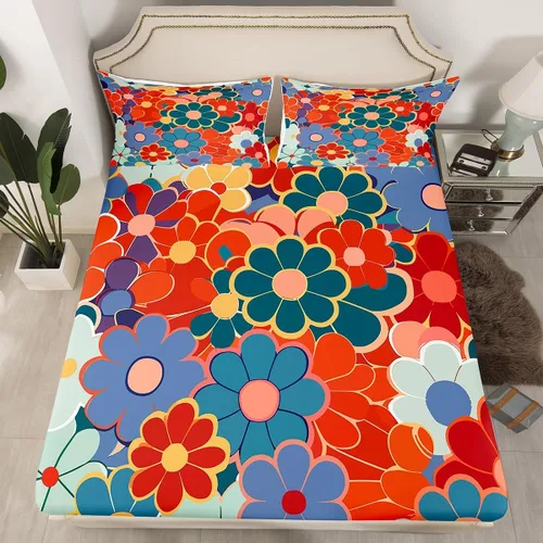 Miniatura 21 de Juego de ropa de cama con diseño floral bohemio, tamaño individual, diseño retro de flores groovy, 60S y 70S, diseño de flores hippie para niños