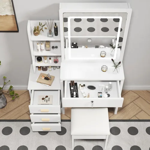 Miniatura 6 de Runboll - Tocador con espejo LED y luces, mesa de maquillaje con taburete acolchado, juego de tocador con 4 cajones, 3 estantes para dormitorio