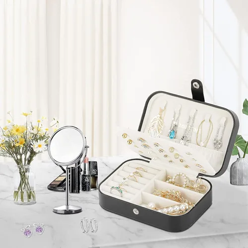 Miniatura 8 de Smileshe Joyero estuche de viaje portátil pequeño de piel sintética organizador de 2 capas cajas de almacenamiento para anillos aretes collares