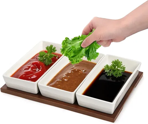 Miniatura 3 de Elsjoy Bandeja de servir de 3 secciones, plato de madera dividido con cuencos de cerámica, bandeja de inmersión de 3 compartimentos para aperitivos
