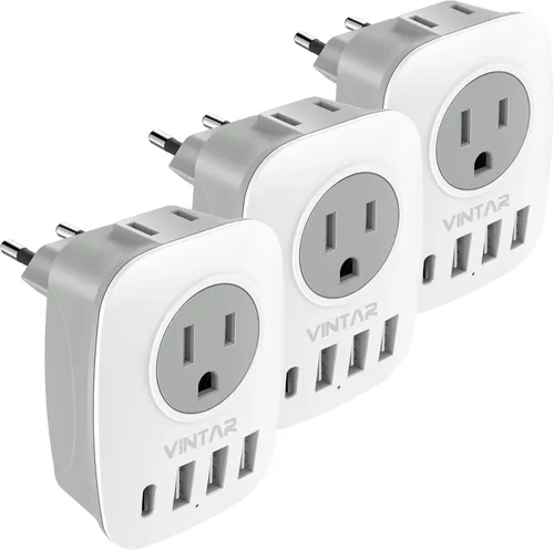 Miniatura 9 de Paquete de 2 adaptadores de enchufe de viaje europeo, VINTAR Adaptador de enchufe de alimentación internacional con 1 USB C, 2 salidas americanas