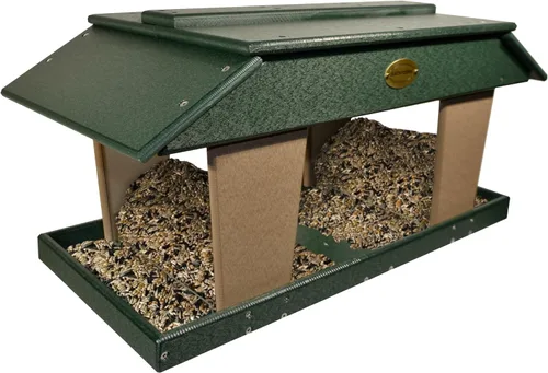 DutchCrafters Comedero grande de plástico de polietileno con doble tolva para pájaros, montaje en poste, comedero de pájaros al aire libre para aves