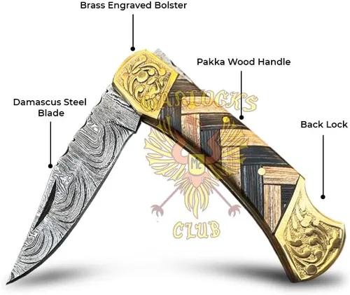 Miniatura 2 de Cuchillo de bolsillo de Damasco hecho a mano con funda, cuchillo de caza plegable de 7" con mango de madera, pequeño cuchillo de camping