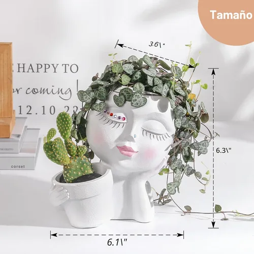 Miniatura 2 de vomiceak Macetas de Cara con Forma de Cabeza, Macetas para Plantas de Interior - Macetas Dobles Lindas para Flores y Suculentas con Agujeros