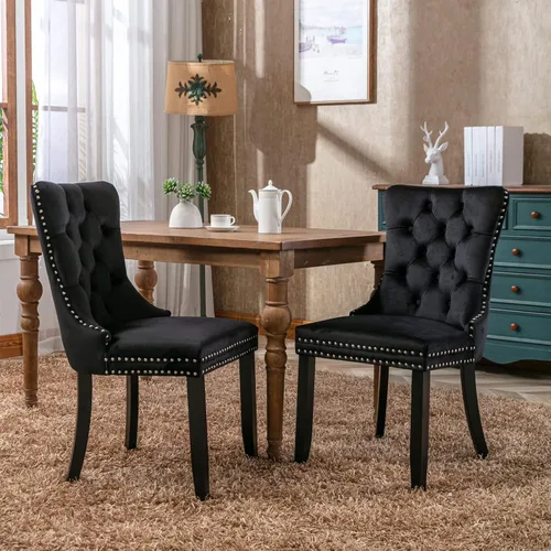 Miniatura 11 de i-POOK Juego de 2 sillas de comedor tapizadas de terciopelo, sillas de comedor con respaldo de alas con tirador de anillo, ribete de cabeza de clavo