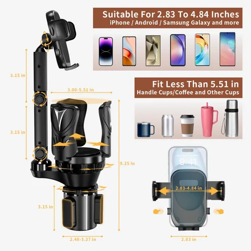 Miniatura 6 de Soportes para teléfono para tu automóvil, expansor ajustable para portavasos del coche con agarre de goma, sujeción segura, uso en múltiples