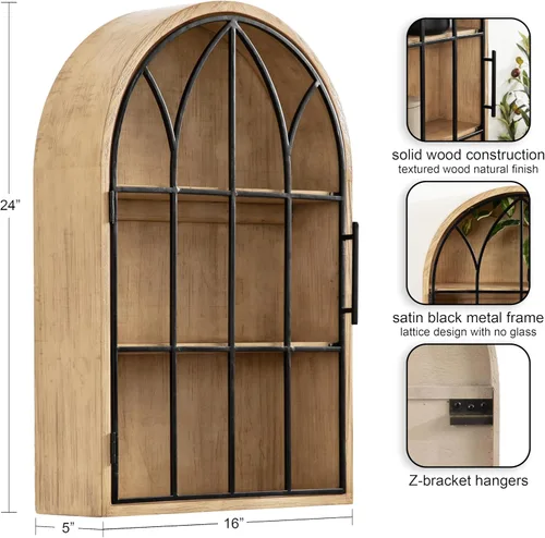 Miniatura 3 de Kate and Laurel Megara - Gabinete decorativo de pared colgante con arco de madera con puerta para almacenamiento abierto; 16 x 5 x 24; Madera Natural