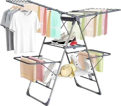Tendedero de Ropa Plegable de 2 Niveles para Secar Ropa, Tendedero de Acero Inoxidable Plegable para Interiores y Exteriores, con Alas de Altura