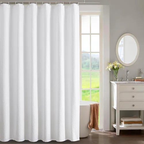 OWENIE Cortina de ducha blanca para baño, 96 pulgadas, extra larga, elegante cortina de ducha de tela texturizada en relieve 3D, repelente al agua,