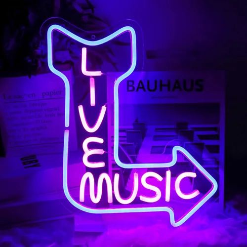Letreros de neón de música en vivo para decoración de pared, letrero LED de palabras de luz, letrero de neón de letras iluminadas en rosa y azul