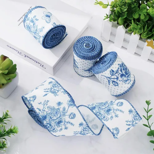 Miniatura 4 de AnyDesign Cinta blanca y azul con borde con alambre, diseño de mariposas y flores, 24 yardas, 2.5 pulgadas, cintas de tela de flores azules