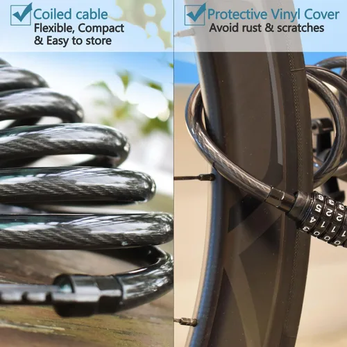 Miniatura 4 de MARQUE Cable de bloqueo de bicicleta de combinación de 3/8 pulgadas (5 pies, 10 pies, 15 pies, 25 pies) de bloqueo de combinación reiniciable, cable