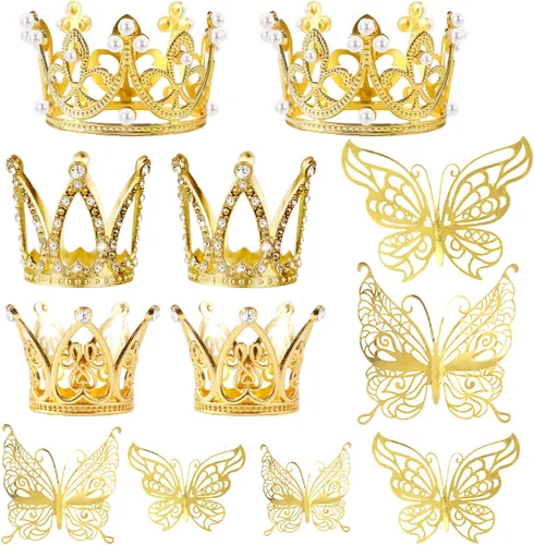 30 Adornos Mini para Tarta de Corona - Tiara Dorada Pequeña con Decoración de Mariposa para Boda, Baby Shower, Fiesta de Cumpleaños Dorado