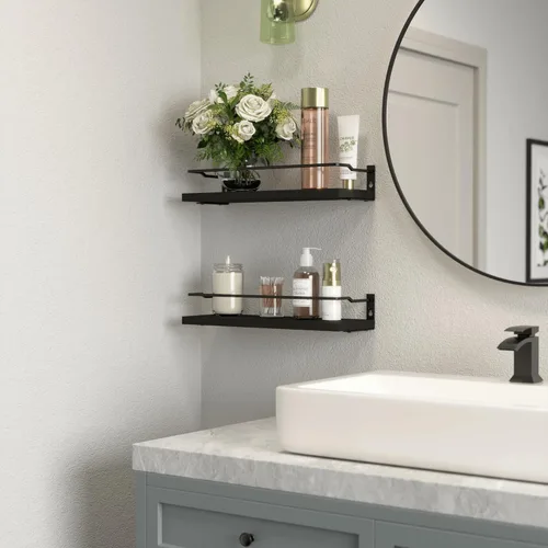 Miniatura 6 de RICHER HOUSE Estantes de baño, organizador de estante de pared flotante negro sobre inodoro de almacenamiento con 2 estantes