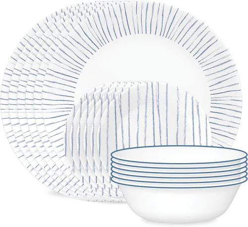 Corelle - Juego de vajilla de 18 piezas para 6 personas, platos y tazones redondos ligeros, vidrio de triple capa Vitrelle, resistente a las Franjas