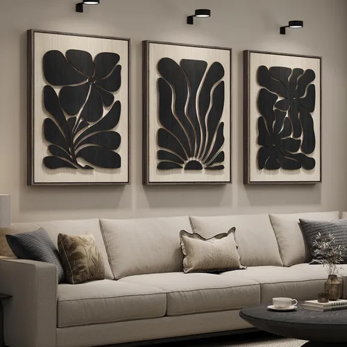 Miniatura 13 de Arte de pared de madera 3D con textura bohemia 3D para dormitorio, 3 piezas de arte de madera tallada botánica tropical para paredes, hoja de Marrón