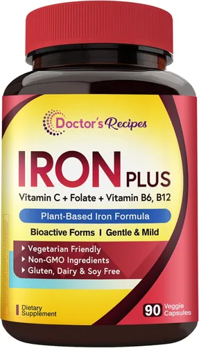 Miniatura 10 de Doctor's Recipes Suplemento de hierro para mujeres y hombres – Bisglicinato de hierro suave con vitamina C, B6, folato y B12, pastillas de hierro