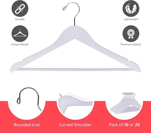 Miniatura 5 de Perchas de madera de calidad para trajes con barra antideslizante para pantalones, paquete de 20, percha de madera maciza con acabado liso