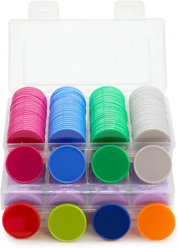 Miniatura 9 de juego de 100 fichas de aprendizaje de plástico opaco, mini fichas de póquer, fichas de juego con caja de almacenamiento (Azul, 2,54 cm)