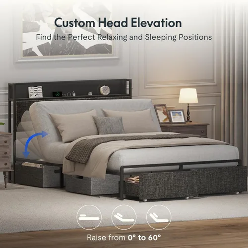 Miniatura 4 de FLEXISPOT Cama ajustable Queen con cabecera de almacenamiento, estación de carga, inclinación de la cabeza, iluminación LED, cajones
