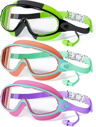 Miniatura 20 de Paquete de 3 gafas de natación para niños, con tapones para los oídos, marco grande, antivaho, UV, visión amplia, para niños y niñas de 4 a 12 años