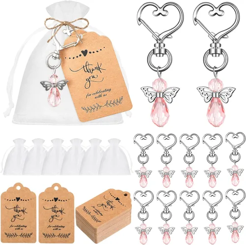 Hicarer Juego de 180 llaveros de ángel de estilo rosa, 60 llaveros de ángel, 60 etiquetas de agradecimiento, 60 bolsas de organza con cordón,