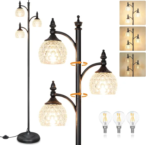 Miniatura 12 de JUNNAI Lámpara de pie negra para sala de estar, lámpara de pie alta, regulable, con 3 luces giratorias, pantalla de cristal, lámpara de esquina Negro