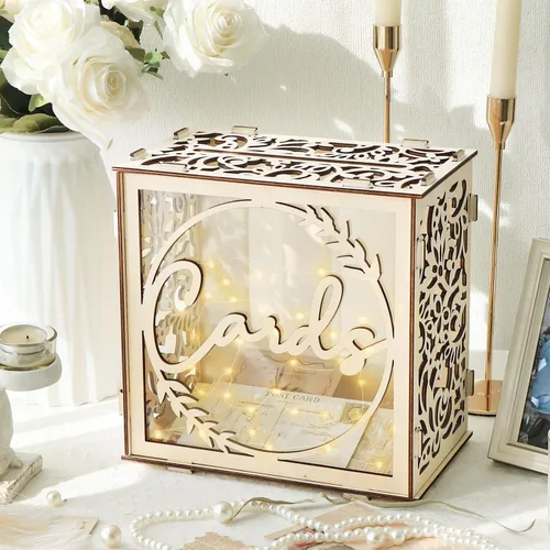 Miniatura 8 de OurWarm Caja de Tarjetas de Boda para Recepción, Cajas de Tarjetas de Boda de Madera con Ventana, Caja de Tarjetas de Regalo de Dinero con Sobre