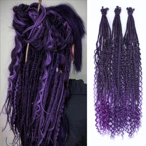 Miniatura 65 de Extensiones de rastas trenzadas bohemias de 24 pulgadas, 10 hebras de rastas sintéticas rizadas color marrón degradado con trenza de caja, rastas