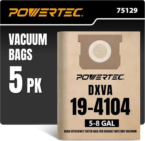 POWERTEC DXVA19-4104 Shop Vac Bags 5PK para aspiradoras Dewalt de 5-8 galones en húmedo/seco DXV05P-QT, DXV05S-QT, DXV06P-QT, DXV06PL, DXV08SA,
