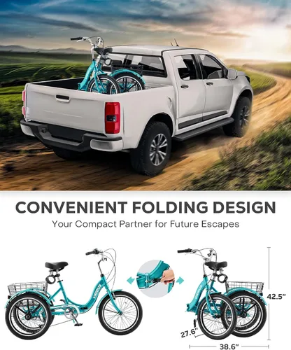 Miniatura 3 de VIRIBUS Triciclo plegable para adultos, triciclo plegable de 20 pulgadas para adultos de 1 o 7 velocidades con cesta, bicicletas plegables de 3