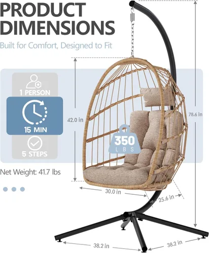 Miniatura 3 de SWITTE Silla de Huevo para Exteriores con Soporte, Silla Columpio Colgante de Mimbre para Interiores con Cojín, Capacidad de 350 libras para Patio