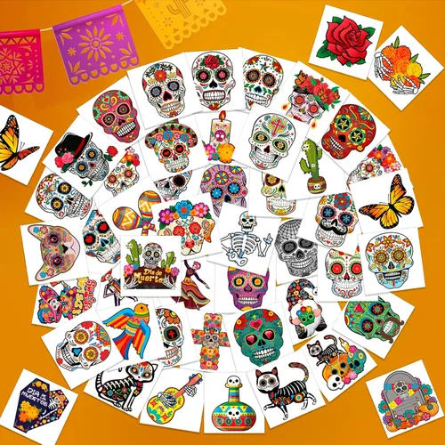 Miniatura 4 de HOWAF 96 tatuajes de cara del Día de los Muertos, disfraz de Día de los Muertos, tatuajes temporales del Día de los Muertos, calcomanías de calavera