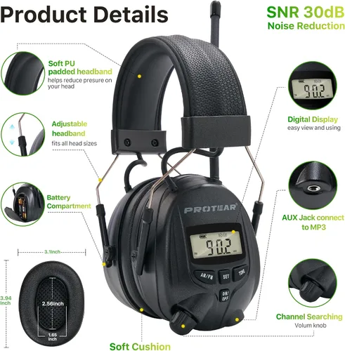 Miniatura 2 de Cascos protectores de oídos PROTEAR con radio AM/FM, auriculares con reducción de ruido de 25dB, orejeras de seguridad con pantalla digital