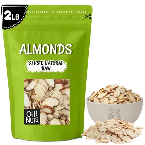 Oh! Nuts Almendras naturales en rodajas – crudas – 100% naturales – 2 libras – Rebanadas de almendras altas en proteínas – Empaquetadas en bolsa de