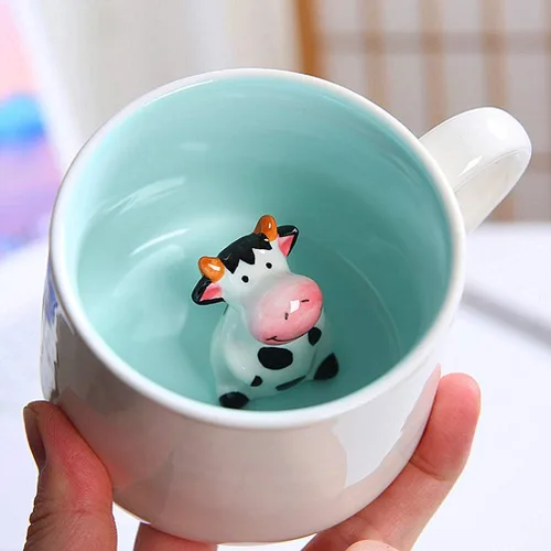 Miniatura 6 de Taza 3D, figura de vaca, taza de té, Día del Padre, Día de la Madre, divertido animal dentro de la taza de leche con cuchara, 12 onzas Vaca+Cuchara