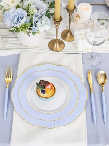 Miniatura 4 de WDF - 60 platos de plástico azul desechables con borde dorado - Platos de fiesta de plástico azul bebé barroco para boda/fiesta/baby shower