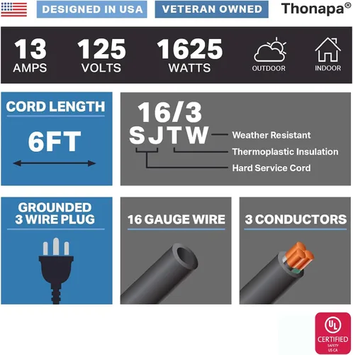 Miniatura 2 de Thonapa Cable de Extensión para Exteriores de 13 Amperios de 6 pies, SJTW 16/3 de 6 pies, Cable de Extensión Negro de 3 Clavijas, Cable