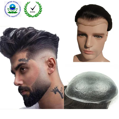 Miniatura 4 de Peluca de piel PU para hombre NLW, piezas de cabello humano europeo para hombres, base de 25x20 cm, bucle en V, piel fina de PU 0.04mm, sistema