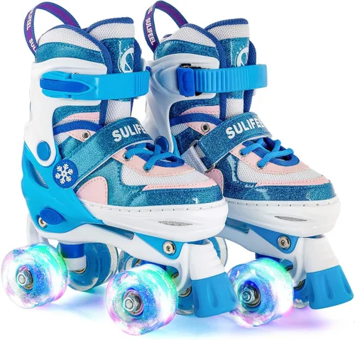 Miniatura 14 de SULIFEEL Rainbow Unicorn - Patines ajustables de 4 tamaños para niñas y niños de 3-5, 5-8, 6-12 años, patines para interiores y exteriores C Azul