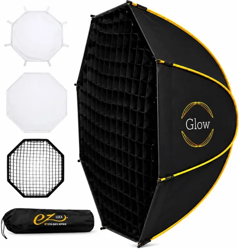 Glow EZ Lock - Caja de luz octagonal de 36 pulgadas para luces de montaje Bowens, interior plateado, difusores duales, rejilla Eggcrate, disco