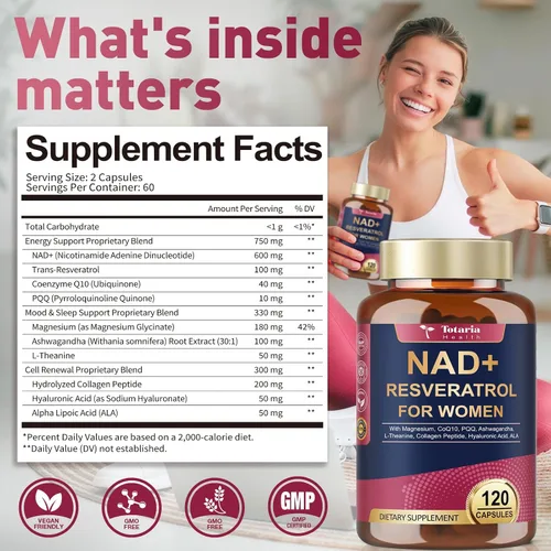 Miniatura 9 de Totaria Suplemento NAD+ para mujeres - Suplemento NAD Trans-Resveratrol con magnesio, CoQ10, PQQ, Ashwagandha, péptido de colágeno - Alternativa NMN