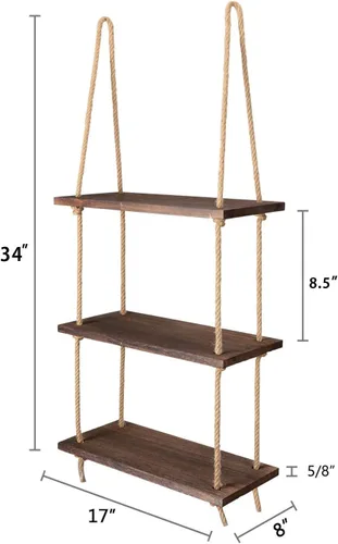 Miniatura 3 de Mkono Estantes colgantes de madera rústica de 3 niveles, estantes flotantes de pared para plantas de fotos, estante de almacenamiento colgante