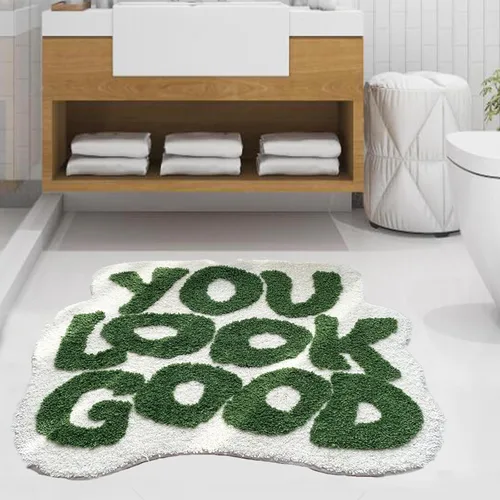 Bathoom Rugs - Alfombra de baño verde con texto en inglés "You Look Good", antideslizante, lavable, absorbente, para ducha, pequeña, bonita, para
