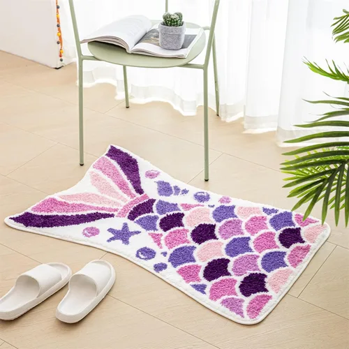 Miniatura 9 de Bonita alfombra de baño de sirena, divertida alfombra de baño con forma de cola de pez océano azul, escamas de sirena, para baño, antideslizante