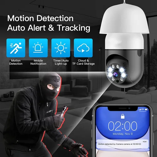 Miniatura 6 de Cámara de bombilla, cámaras de seguridad para el hogar 5G, cámara PTZ WiFi con conector de bombilla E27, audio bidireccional